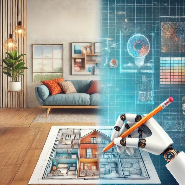 A robotic hand sketching an interior floor plan, symbolizing artificial intelligence designing modern home spaces with automated precision.