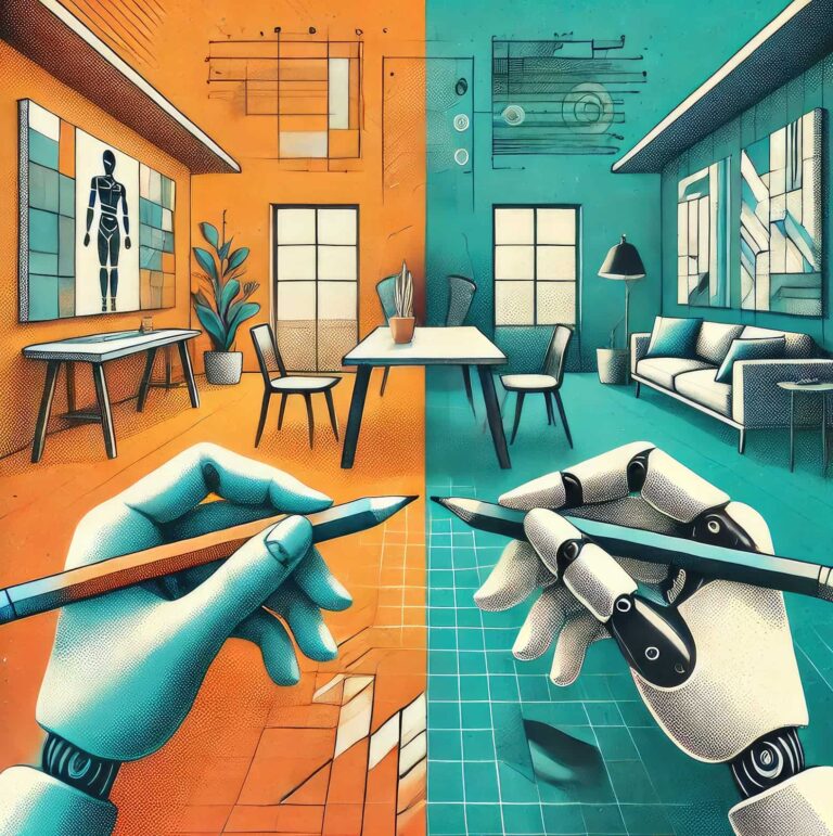 Concept art illustrating the contrast between human and AI-driven interior design approaches in a modern home setting.