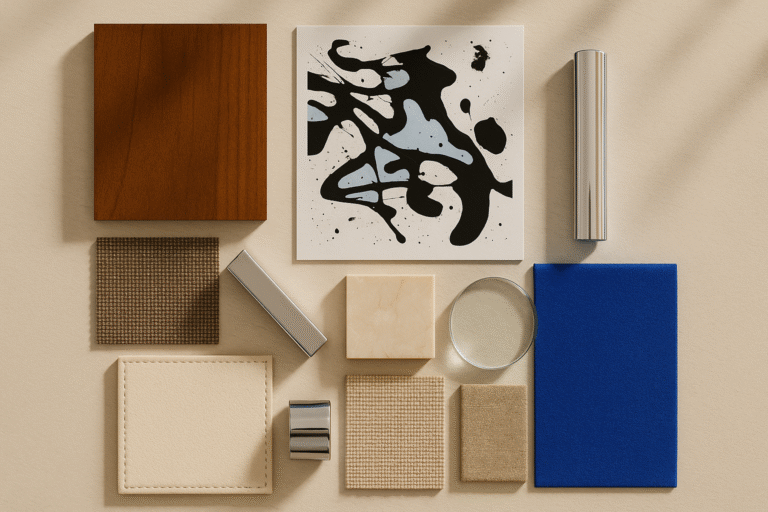 Modern interior design material board with wood, fabric, metal, and art samples.