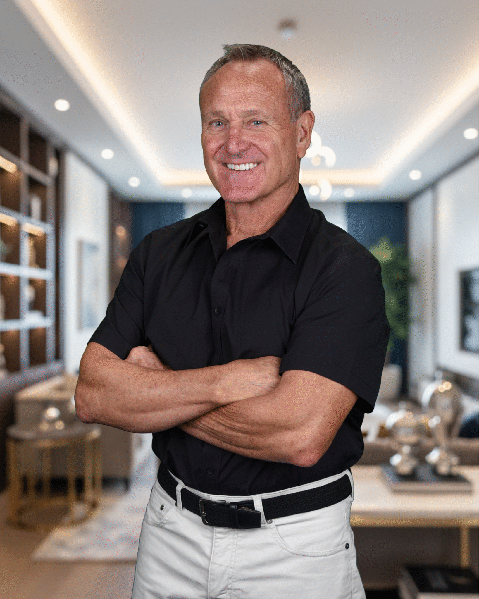 South Florida interior design professional photographed inside a modern luxury home designed in Boca Raton style.